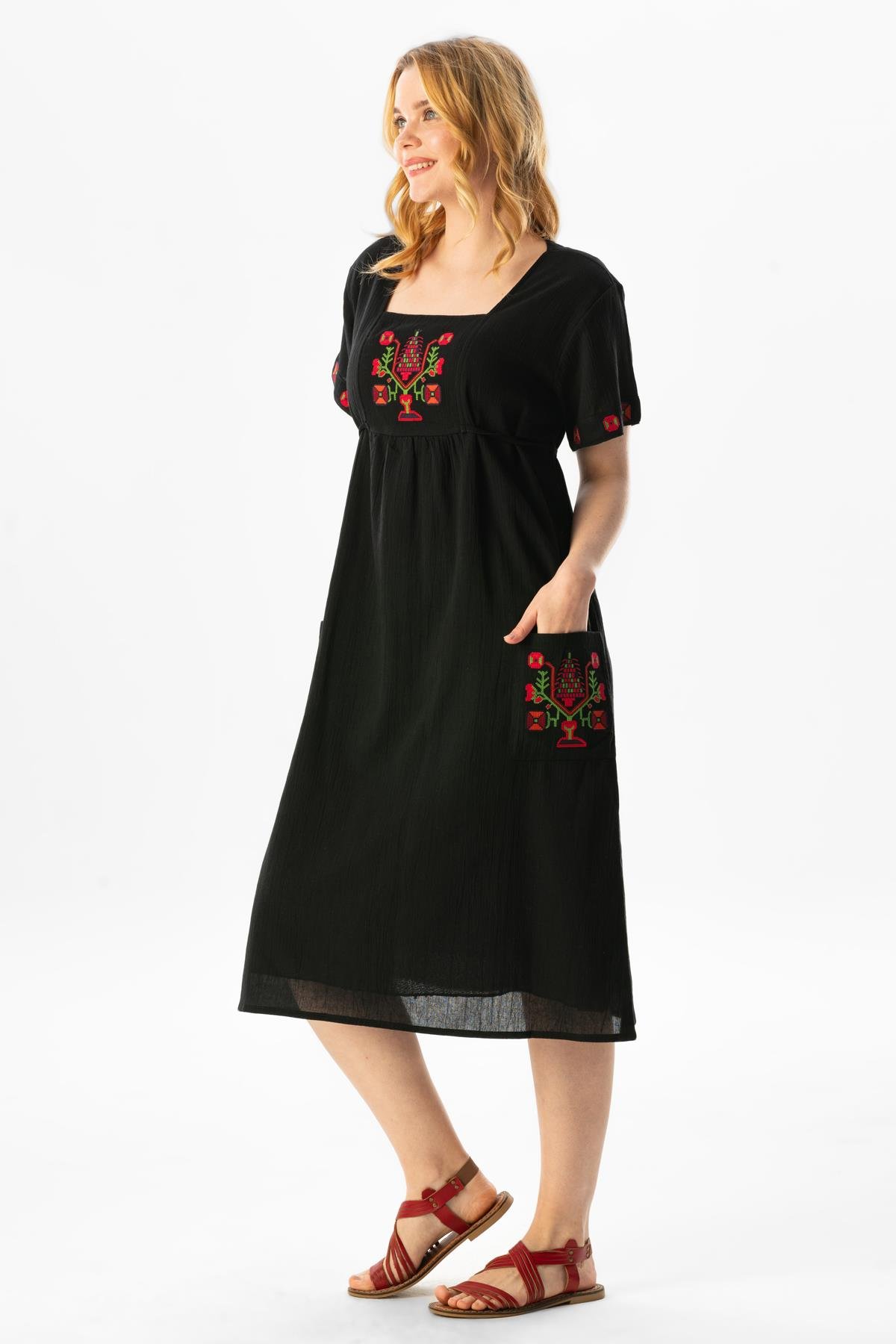 Kısa Kol Şile Bezi Melek Midi Boy Yazlık Otantik Elbise Siyah Syh