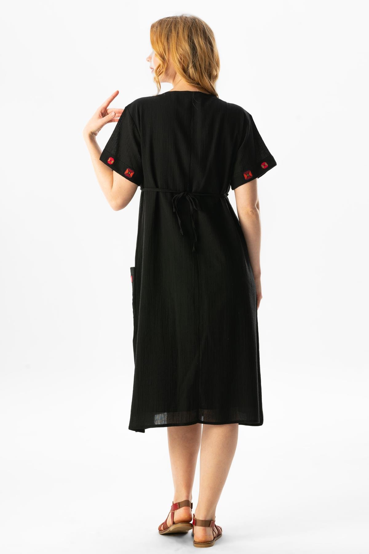 Kısa Kol Şile Bezi Melek Midi Boy Yazlık Otantik Elbise Siyah Syh