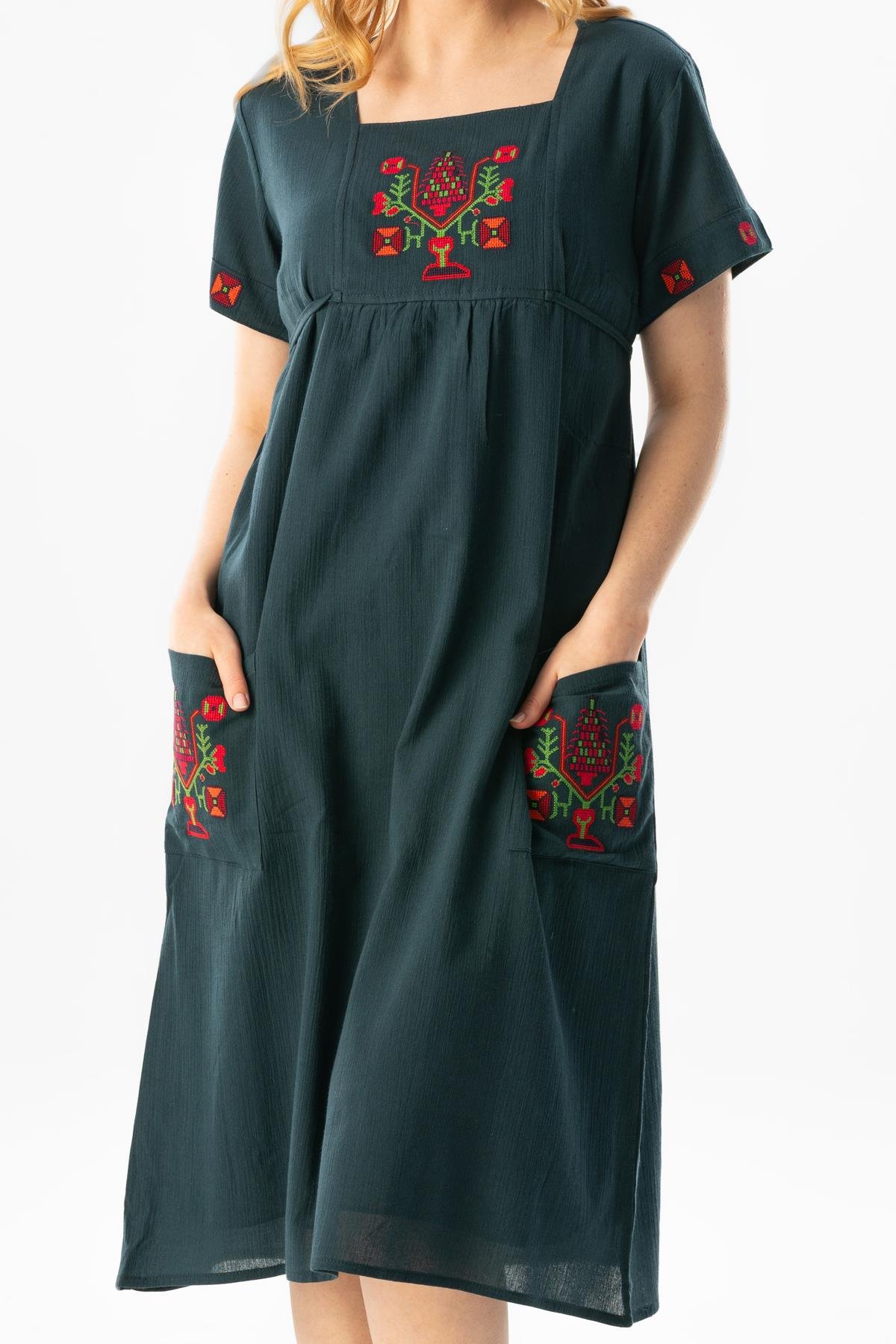 Short Sleeve Şile Fabric Melek Midi Dress Petrol
