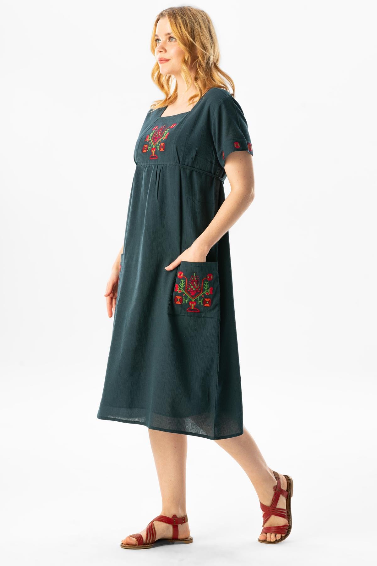 Short Sleeve Şile Fabric Melek Midi Dress Petrol