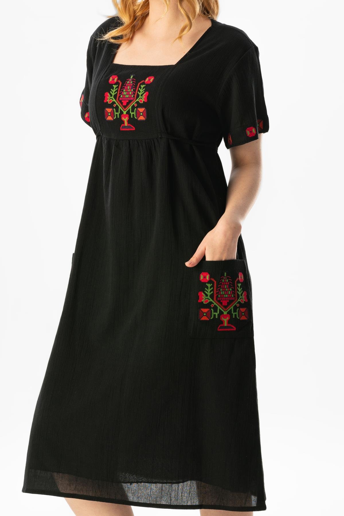 Kısa Kol Şile Bezi Melek Midi Boy Yazlık Otantik Elbise Siyah Syh