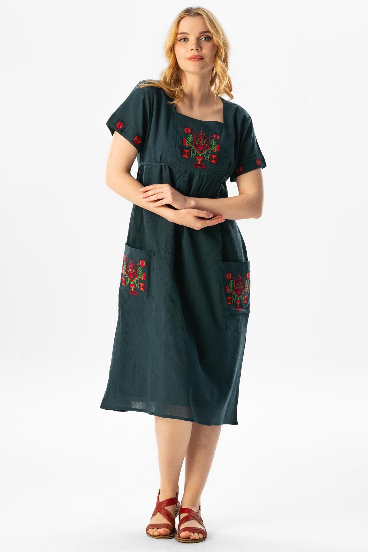 Short Sleeve Şile Fabric Melek Midi Dress Petrol