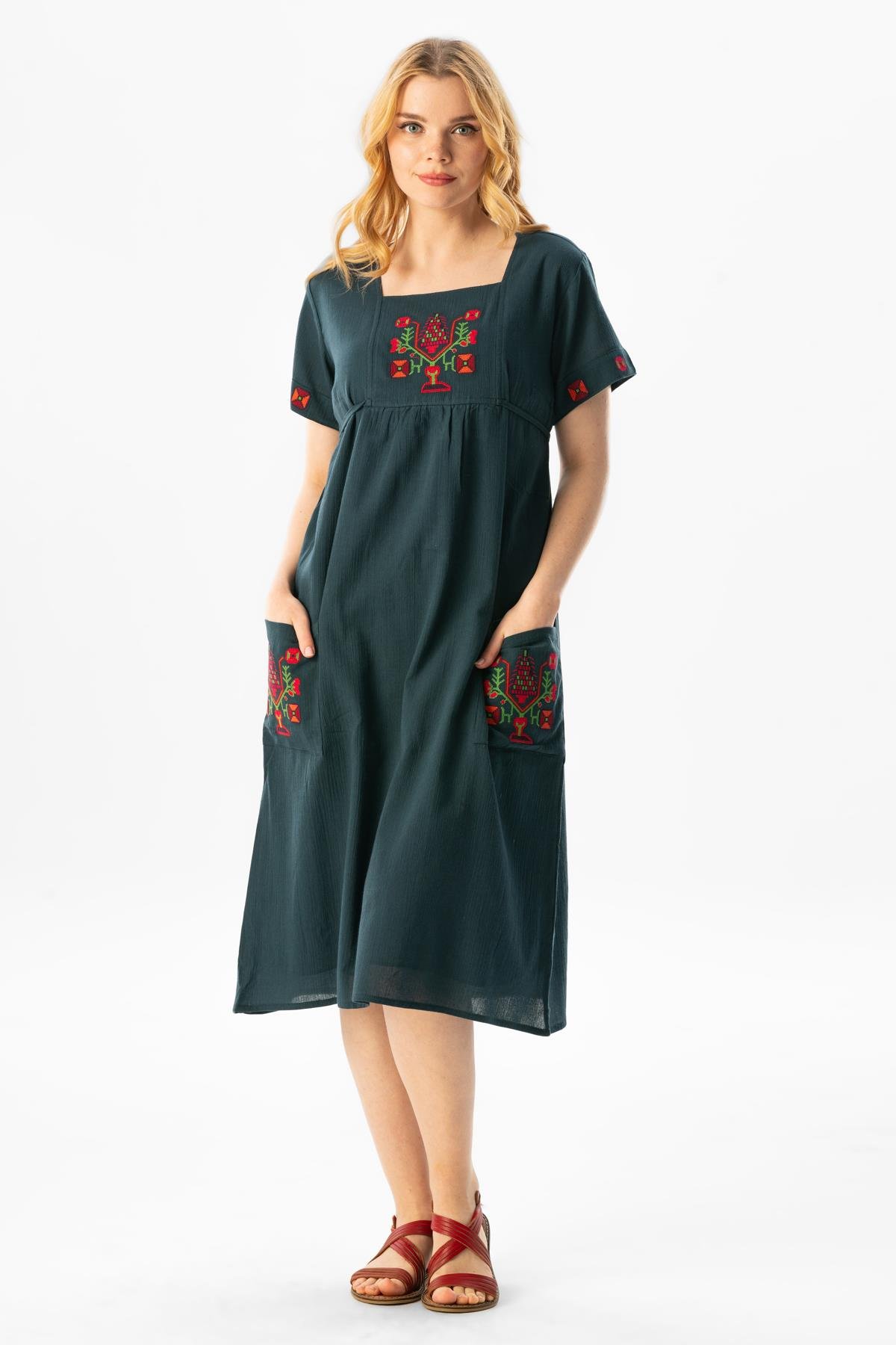 Short Sleeve Şile Fabric Melek Midi Dress Petrol