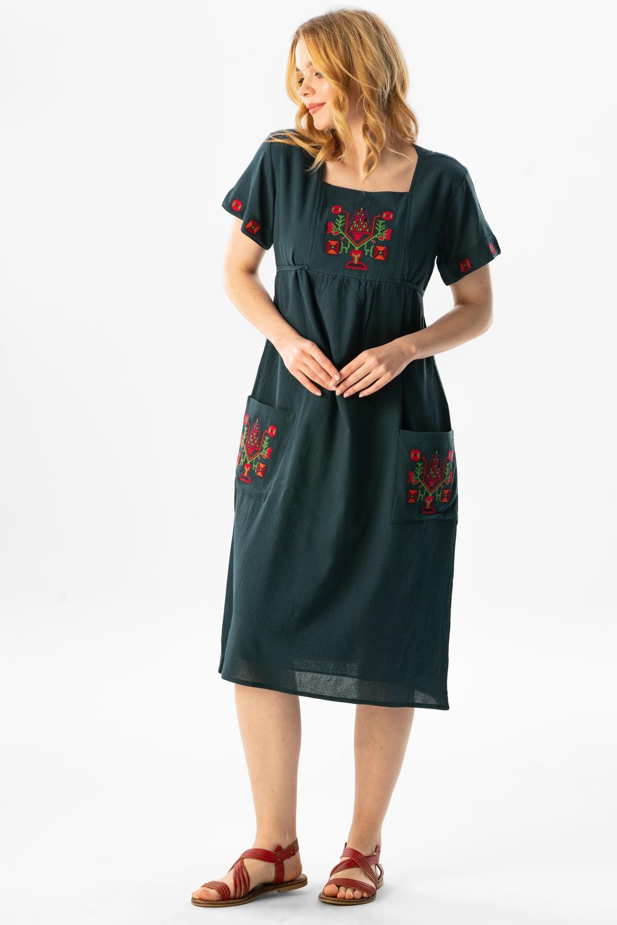 Short Sleeve Şile Fabric Melek Midi Dress Petrol