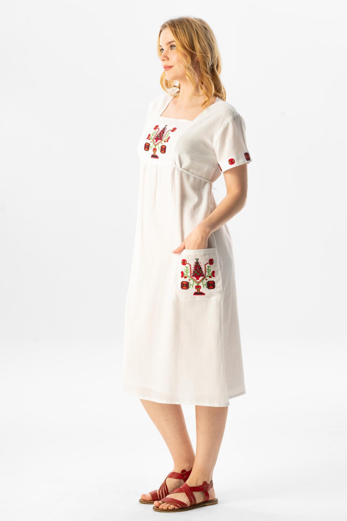 Kısa Kol Şile Bezi Melek Midi Boy Yazlık Otantik Elbise Beyaz Byz