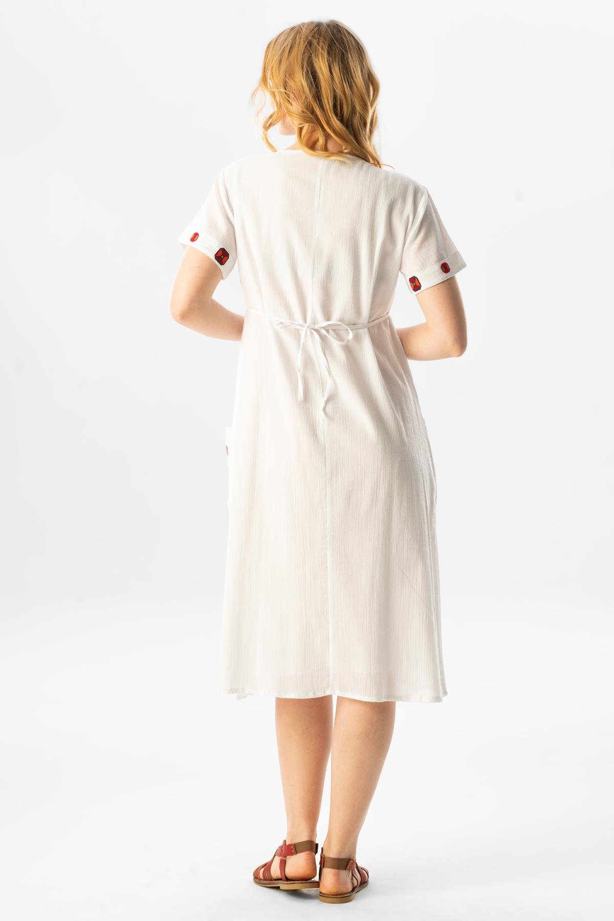 Kısa Kol Şile Bezi Melek Midi Boy Yazlık Otantik Elbise Beyaz Byz