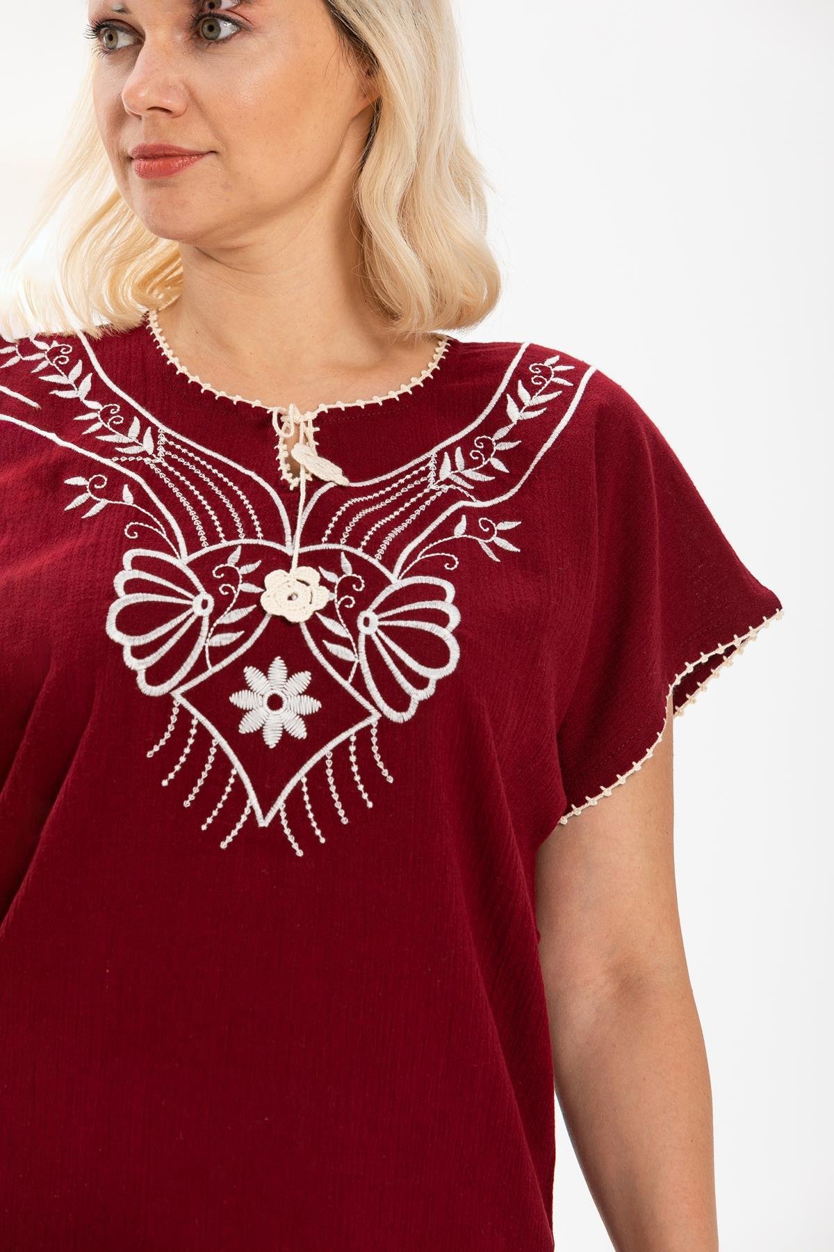 Kısa Kol Şile Bezi Naz Bluz Bordo Brd
