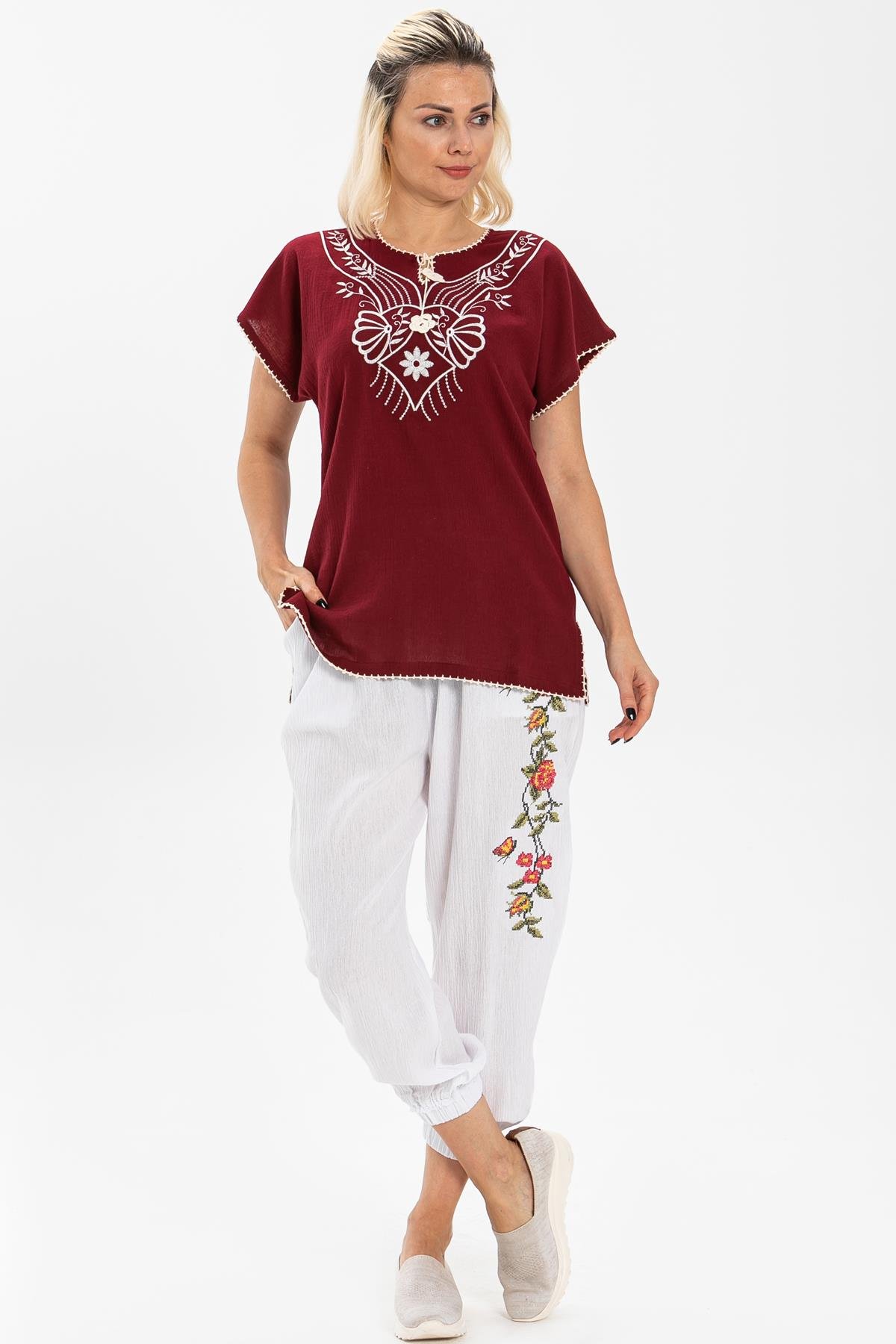 Kısa Kol Şile Bezi Naz Bluz Bordo Brd