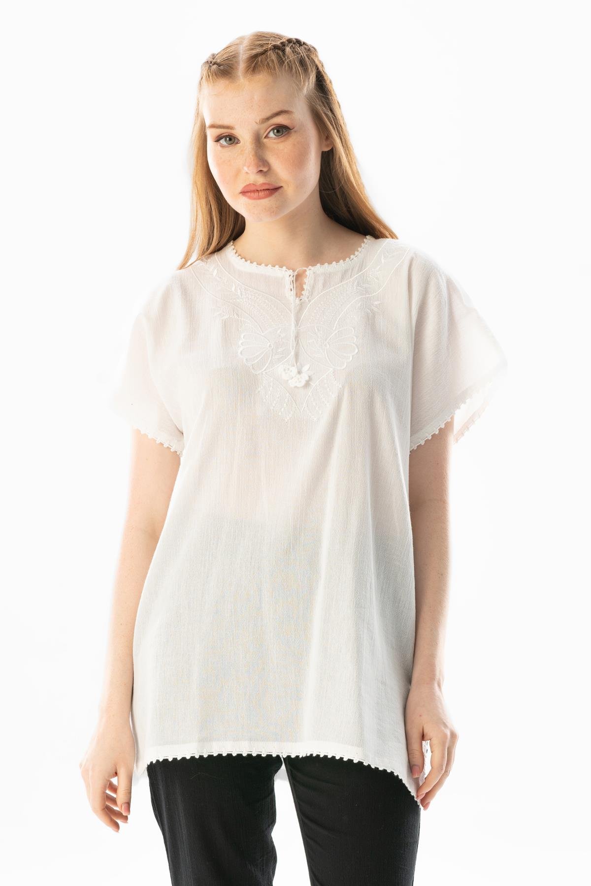 Kısa Kol Şile Bezi Naz Yazlık Bluz Beyaz Byz