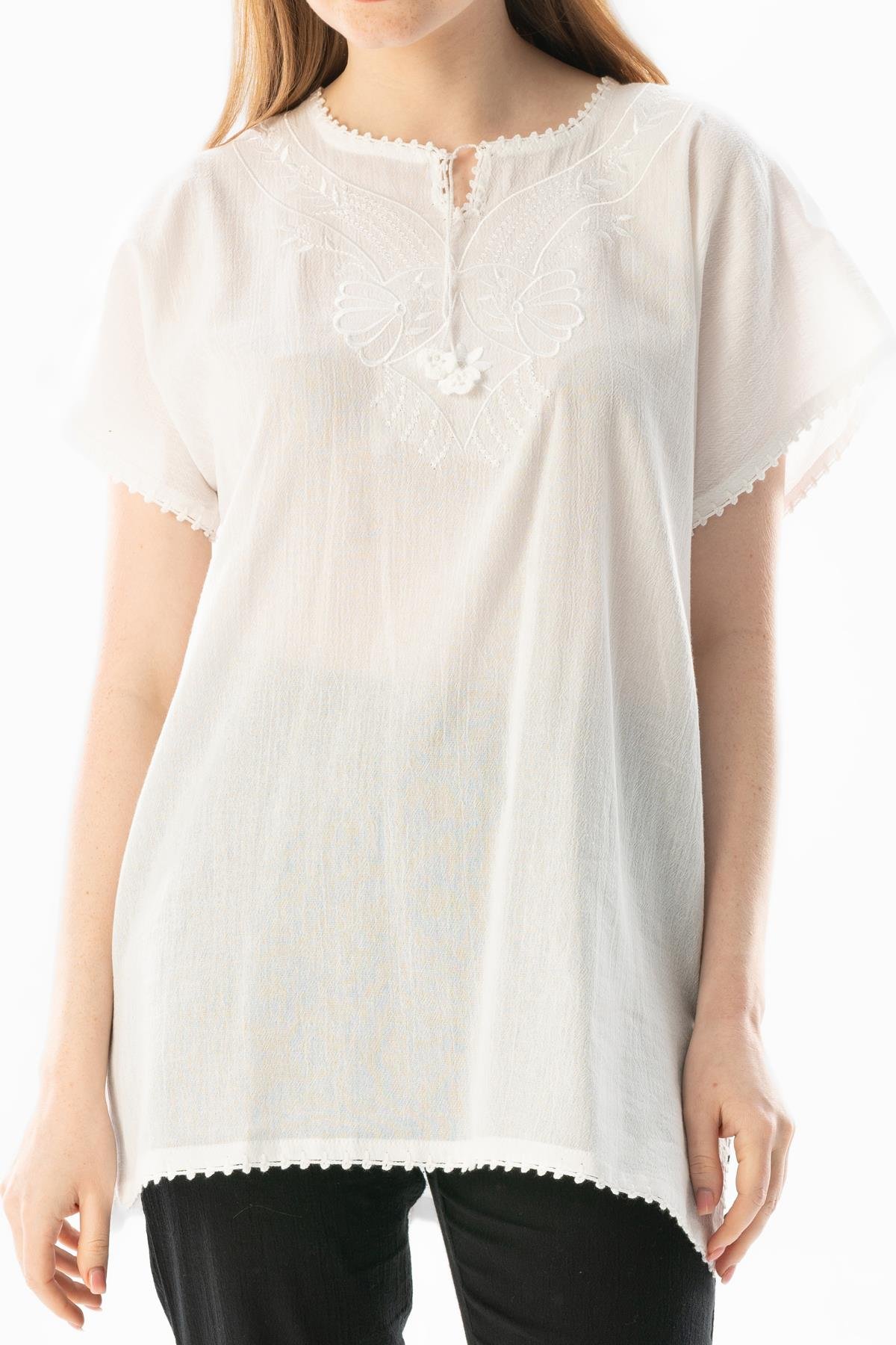 Kısa Kol Şile Bezi Naz Yazlık Bluz Beyaz Byz