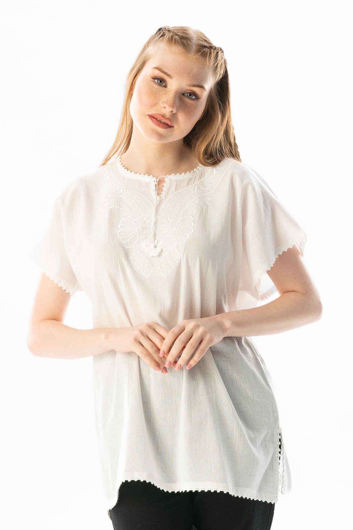 Kısa Kol Şile Bezi Naz Yazlık Bluz Beyaz Byz