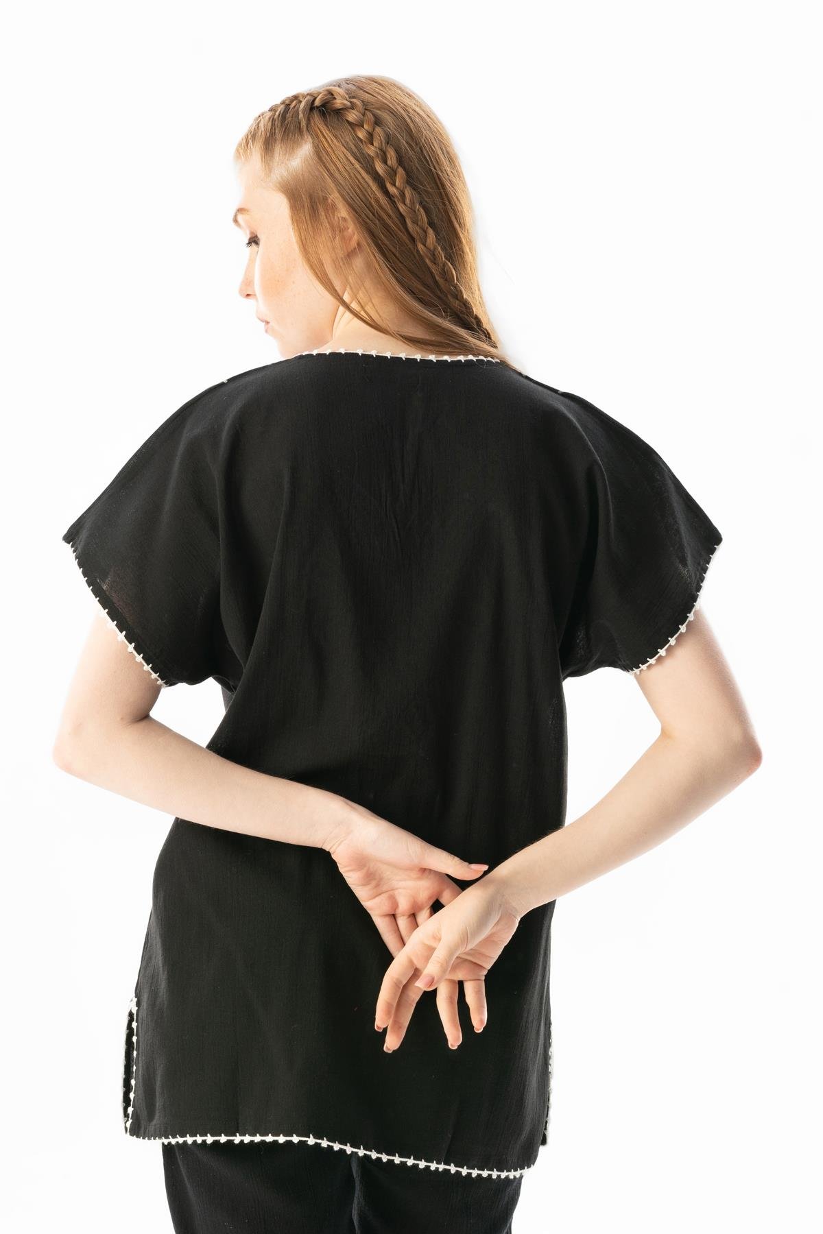 Kısa Kol Şile Bezi Naz Yazlık Bluz Siyah Syh