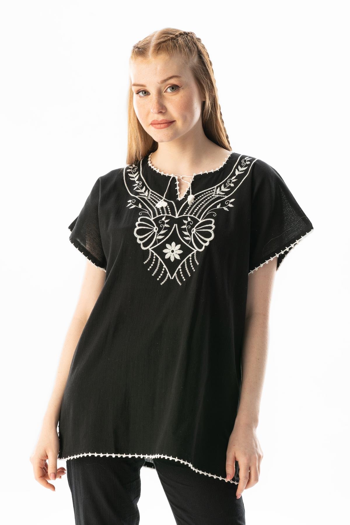 Kısa Kol Şile Bezi Naz Yazlık Bluz Siyah Syh