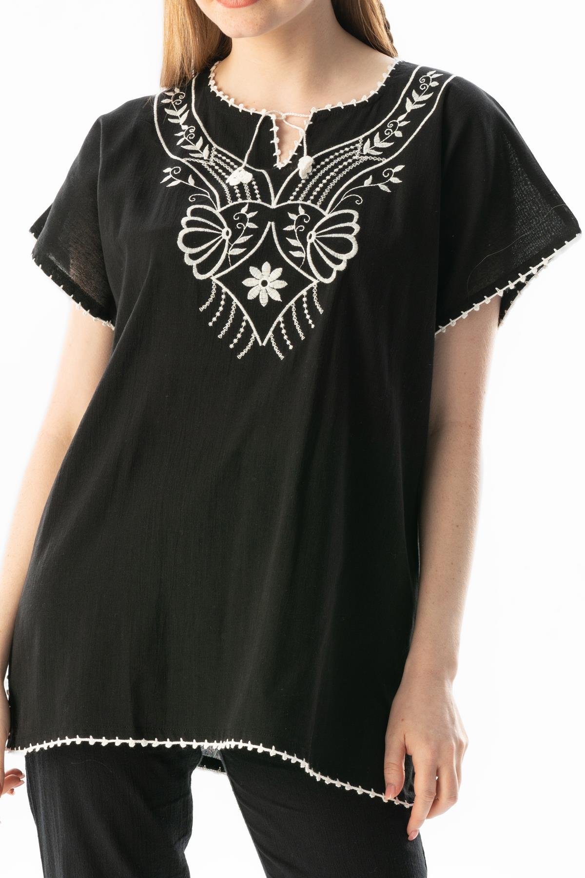 Kısa Kol Şile Bezi Naz Yazlık Bluz Siyah Syh