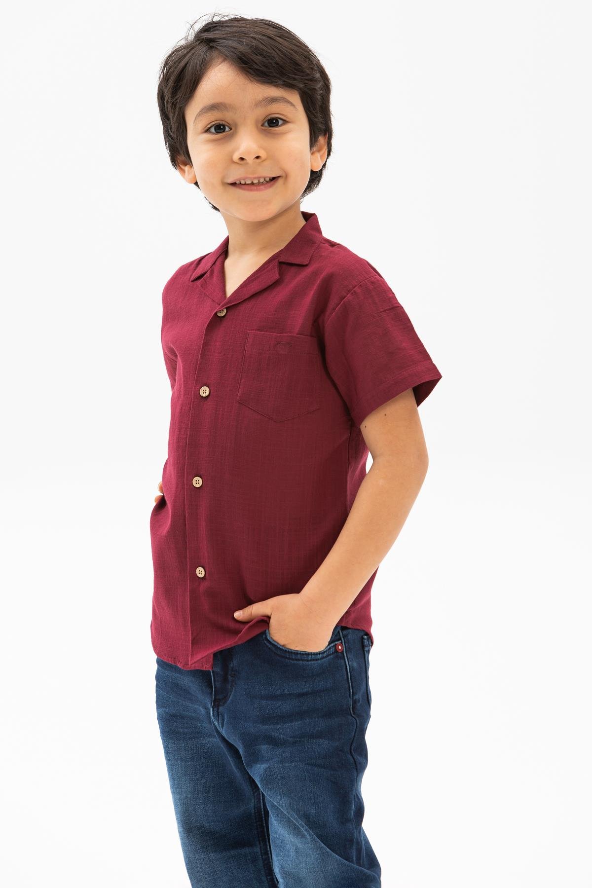 Short Arm Sile Fabric Men Kid's Shirt Koyu Claret Red