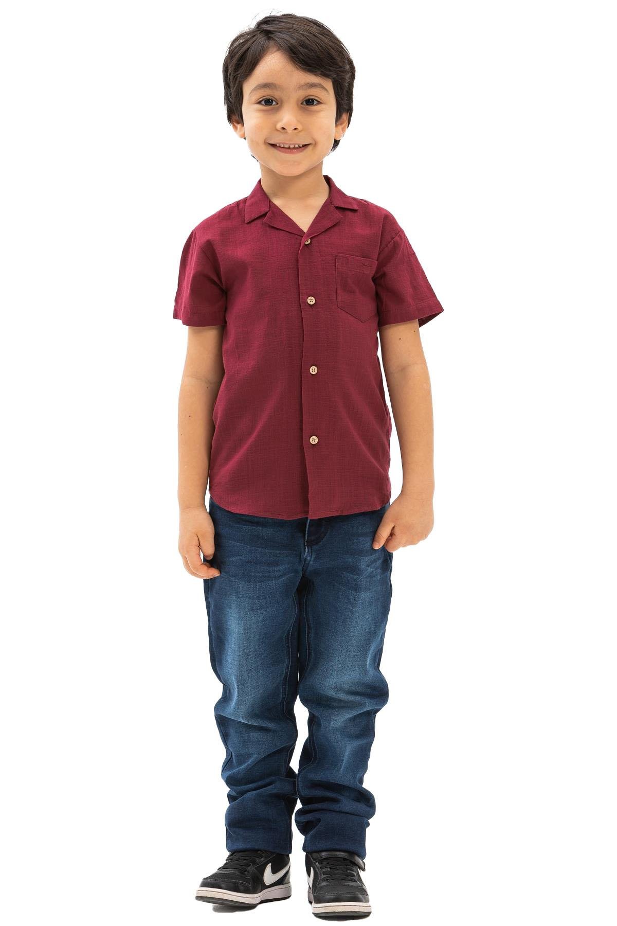Short Arm Sile Fabric Men Kid's Shirt Koyu Claret Red
