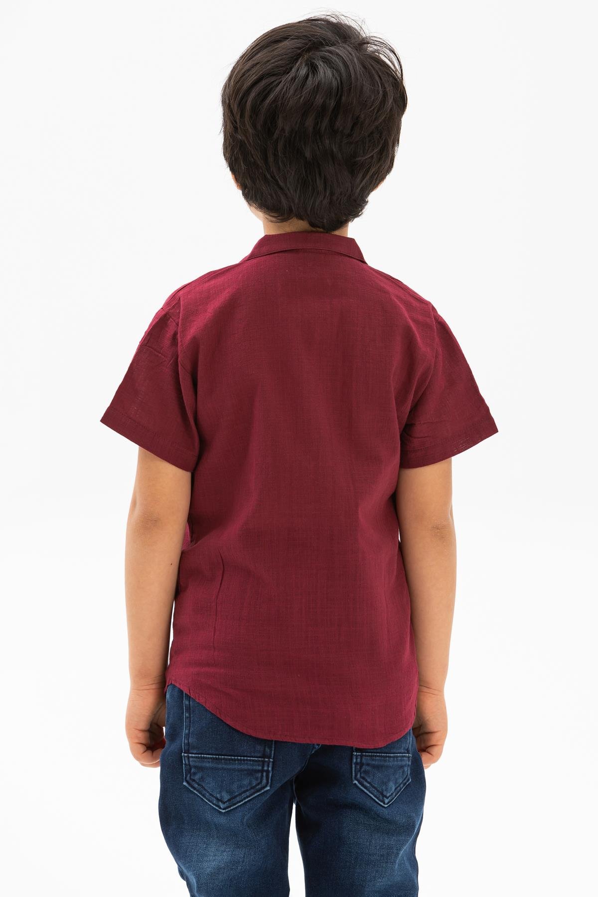 Short Arm Sile Fabric Men Kid's Shirt Koyu Claret Red