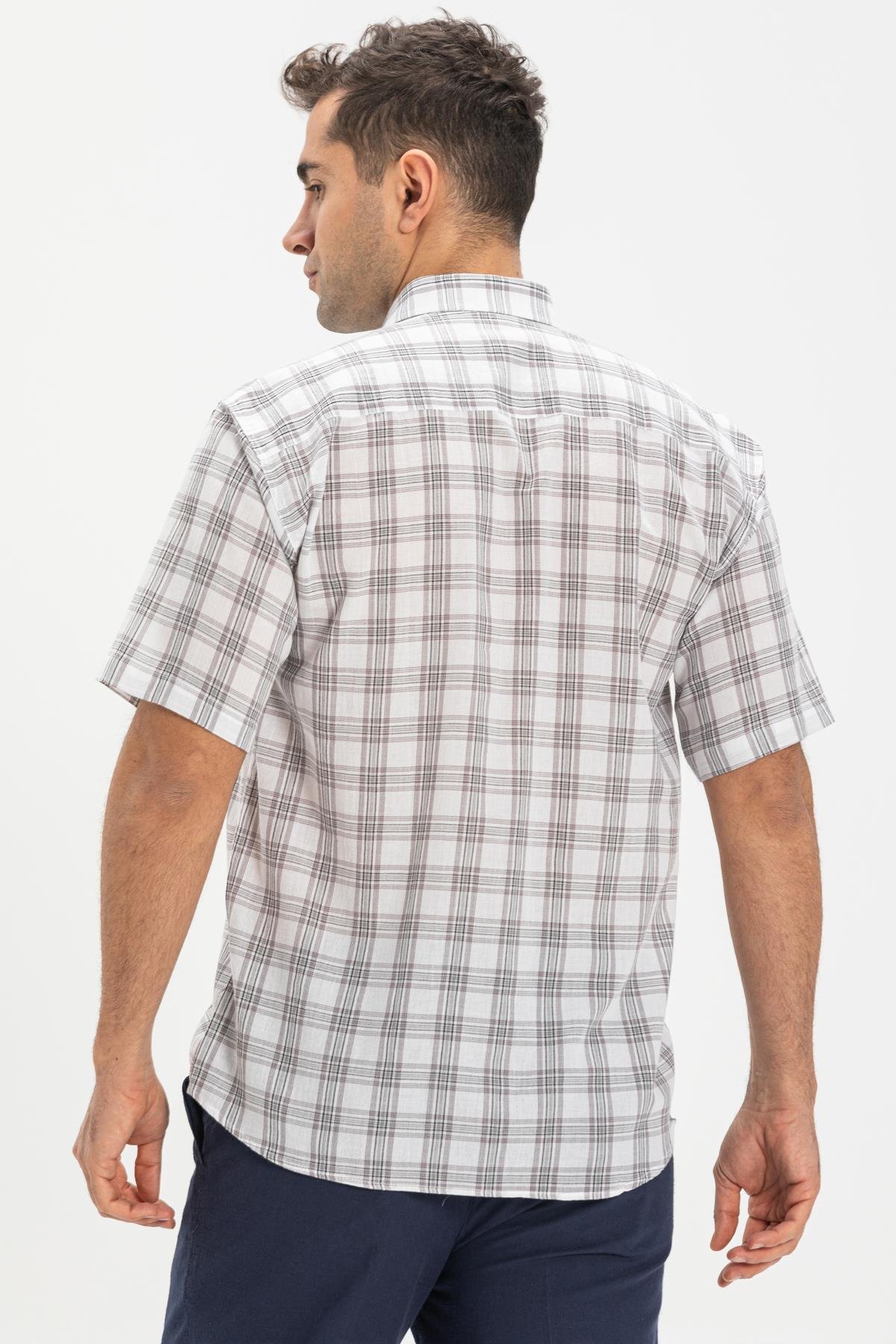 Short Sleeve Sile Fabric Men Shirt Gray  Plaid
