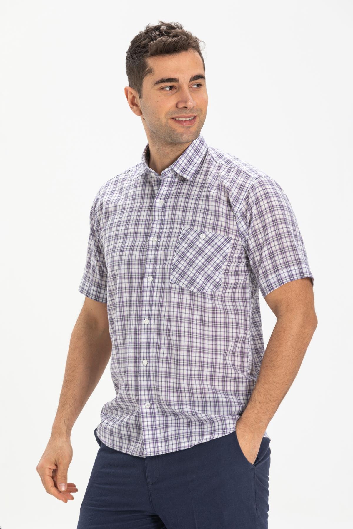 Short Sleeve Sile Fabric Men Shirt Purple Plaid