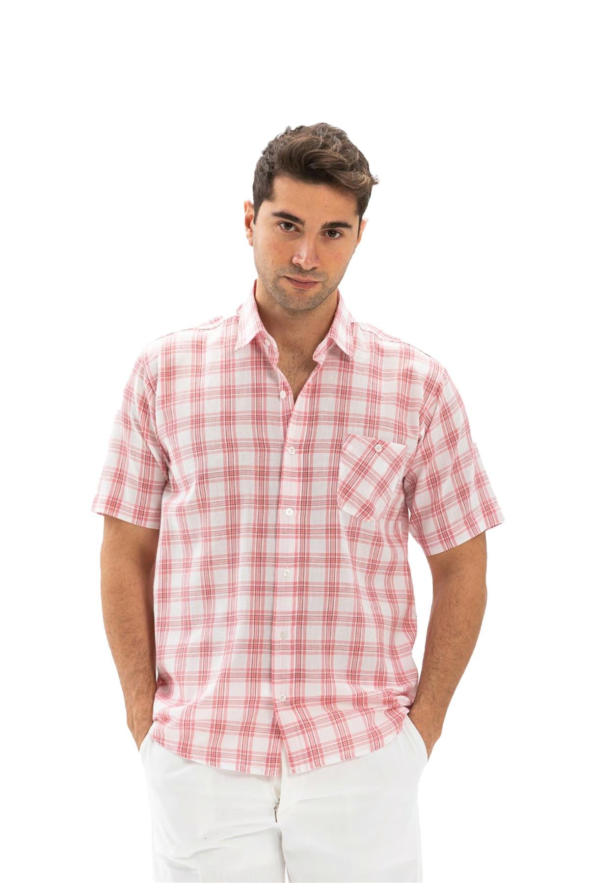 Short Sleeve Sile Fabric Men Shirt Pink  Plaid