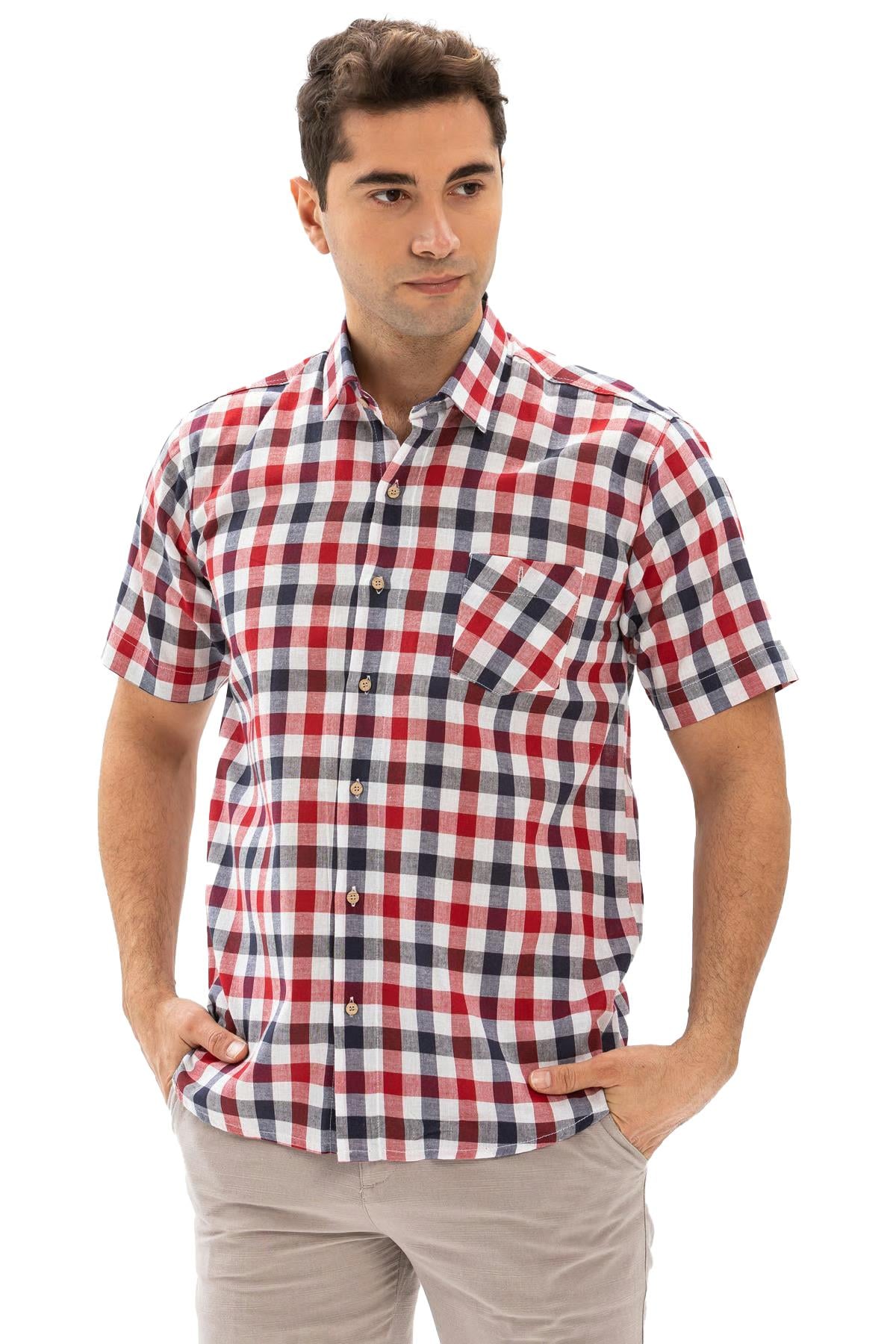 Short Sleeve  Sile Fabric Men Shirt Red Navy Blue Chequered