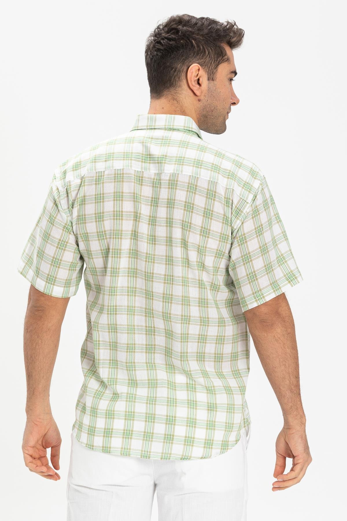 Short Sleeve Sile Fabric Men Shirt Green Scotch Plaid