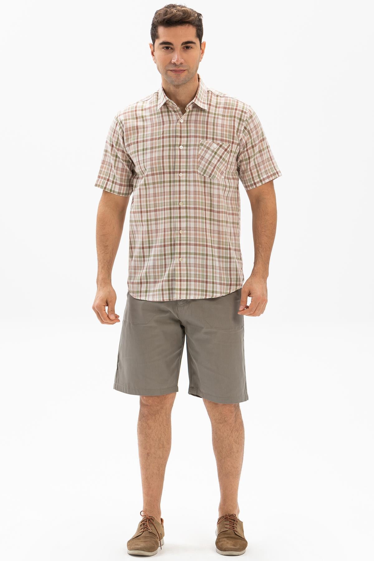 Short Arm Sile Fabric Men Shirt Cream Plaid