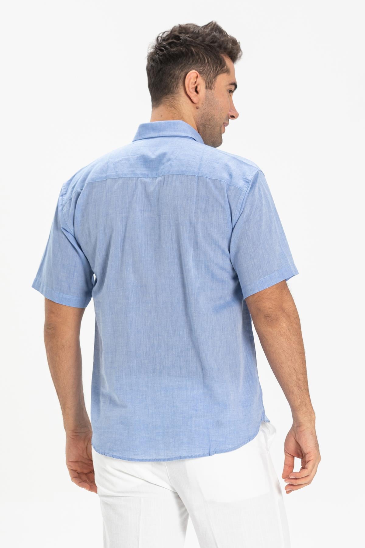Short Sleeve Sile Fabric Men Shirt Blue