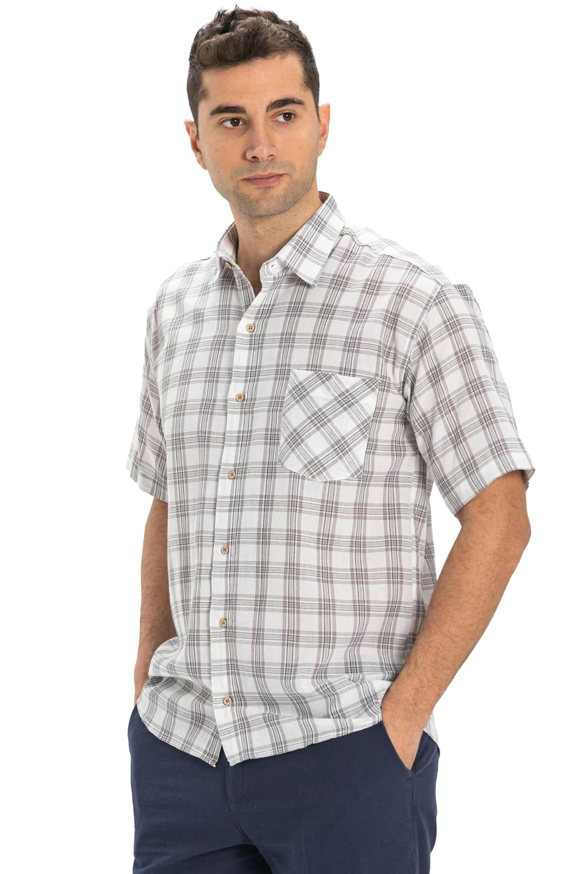 Short Sleeve Sile Fabric Men Shirt Gray  Plaid