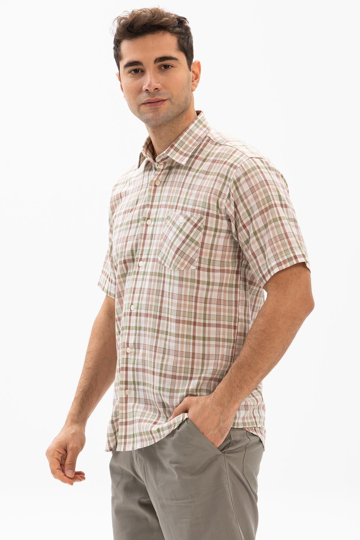 Short Arm Sile Fabric Men Shirt Cream Plaid