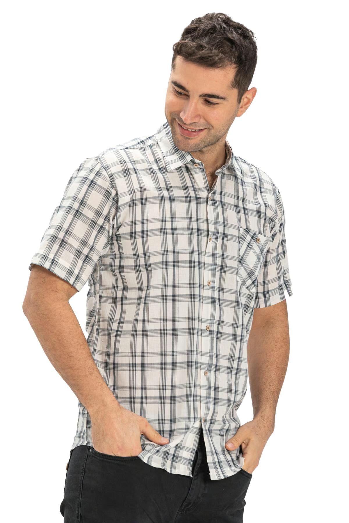 Short Sleeve Sile Fabric Men Shirt Black  Plaid
