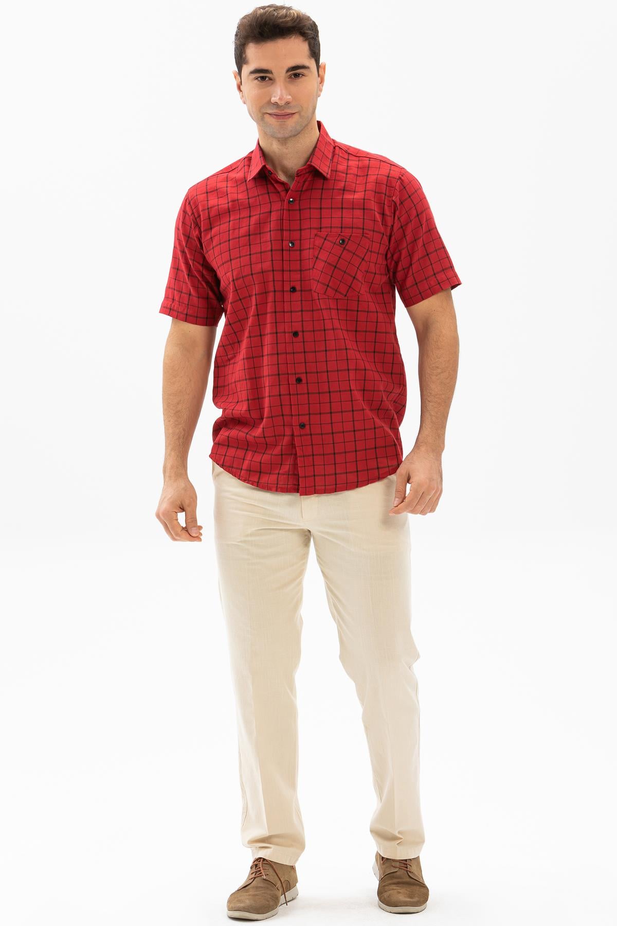 Short Arm Sile Fabric Men Shirt Red Chequered