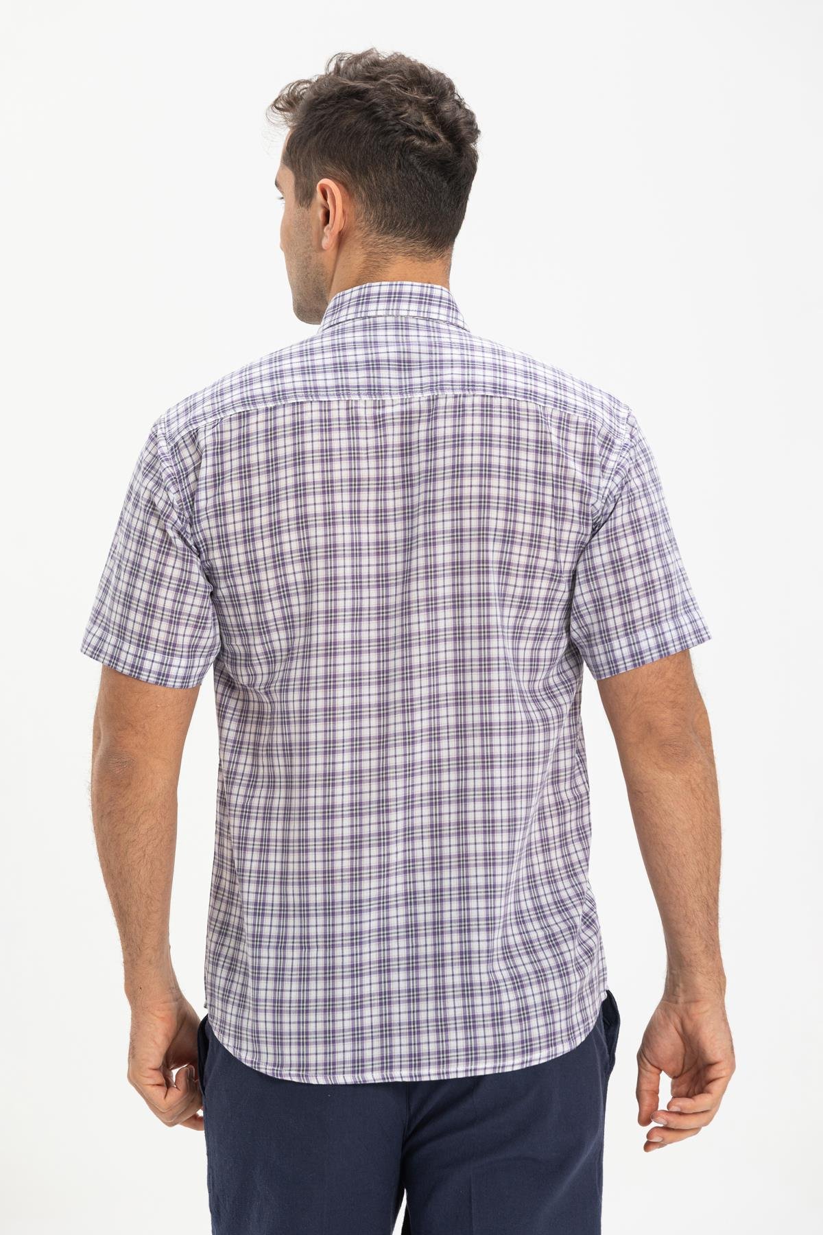 Short Sleeve Sile Fabric Men Shirt Purple Plaid
