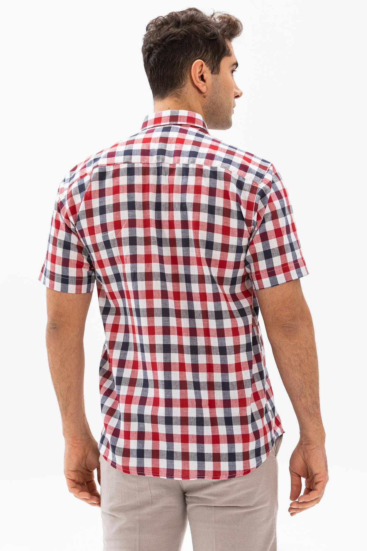 Short Sleeve  Sile Fabric Men Shirt Red Navy Blue Chequered