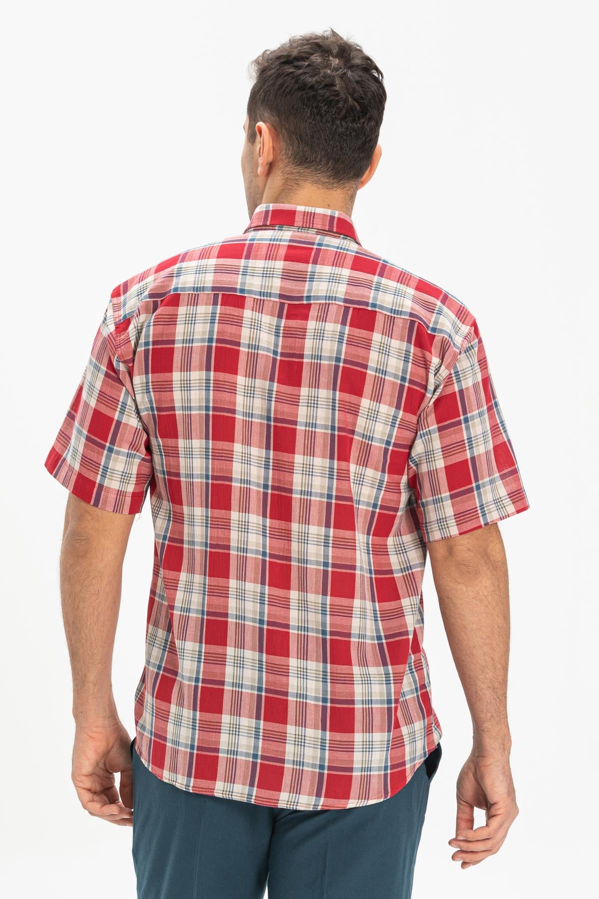 Short Sleeve Sile Fabric Men Shirt Red Navy Blue Scotch Plaid