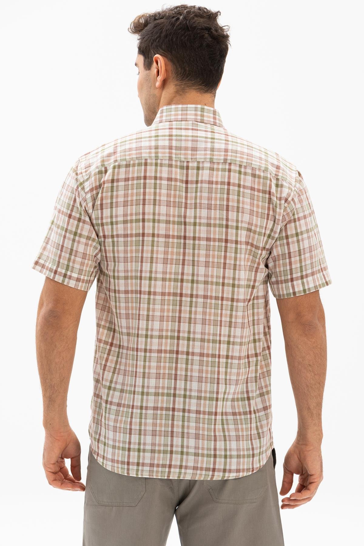 Short Arm Sile Fabric Men Shirt Cream Plaid