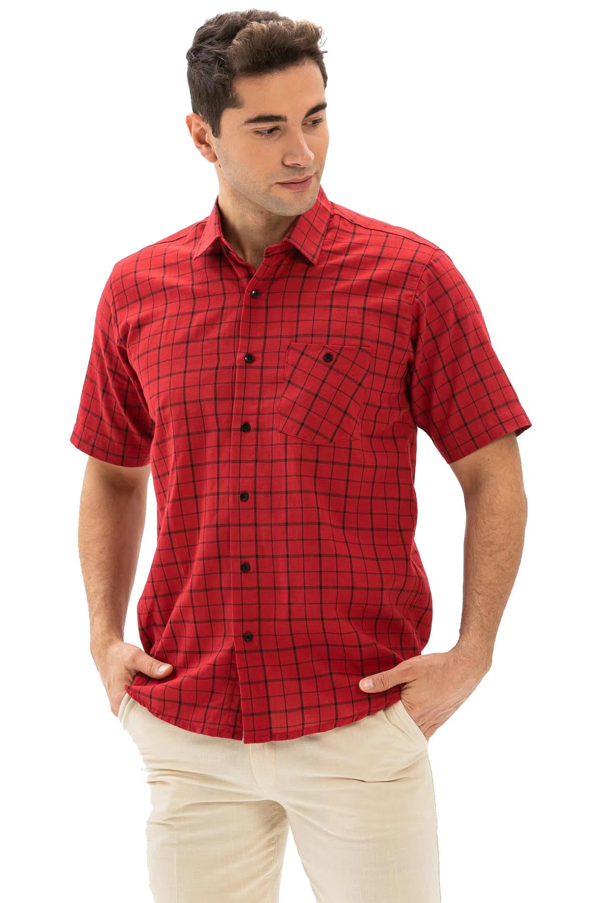 Short Arm Sile Fabric Men Shirt Red Chequered
