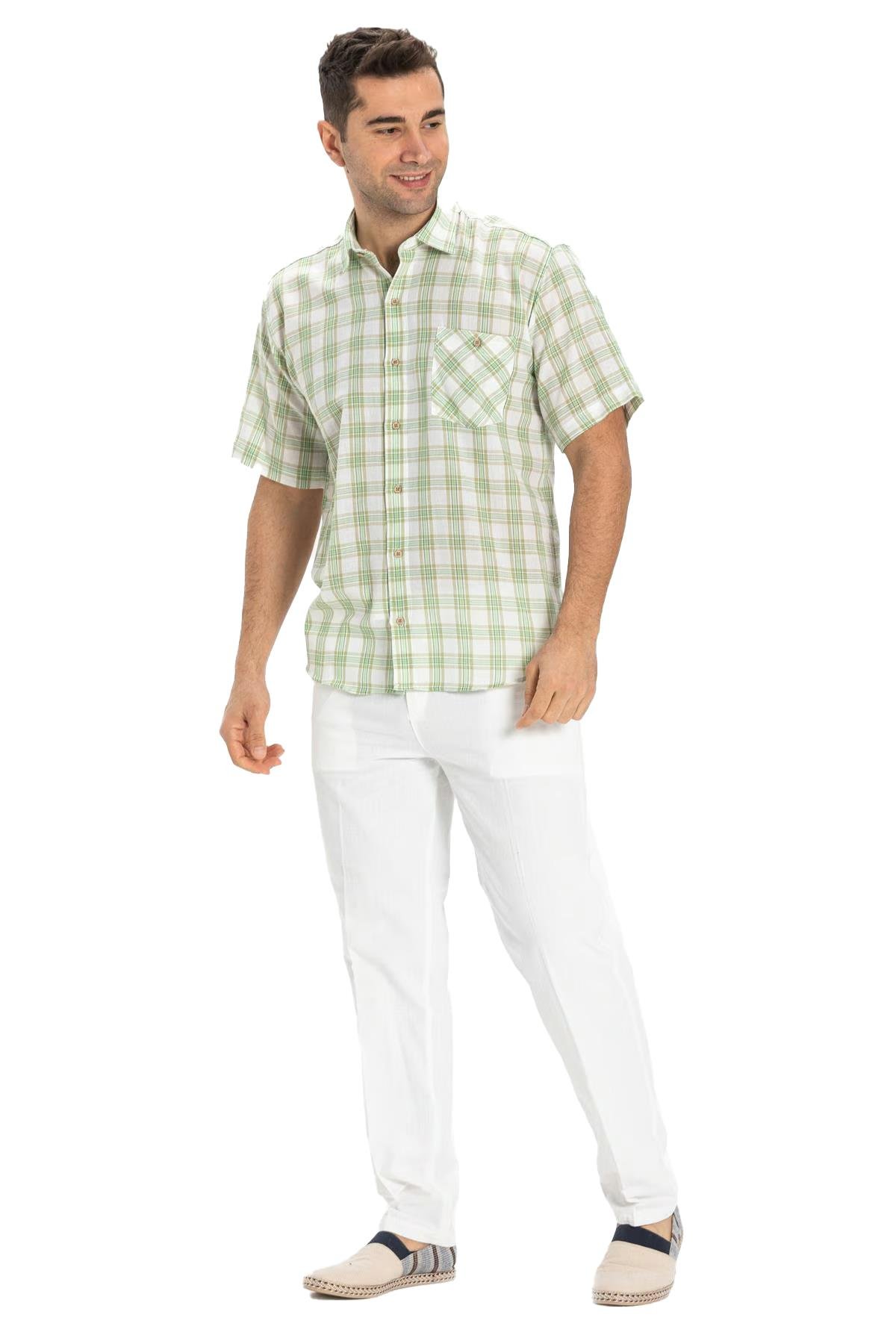 Short Sleeve Sile Fabric Men Shirt Green Scotch Plaid