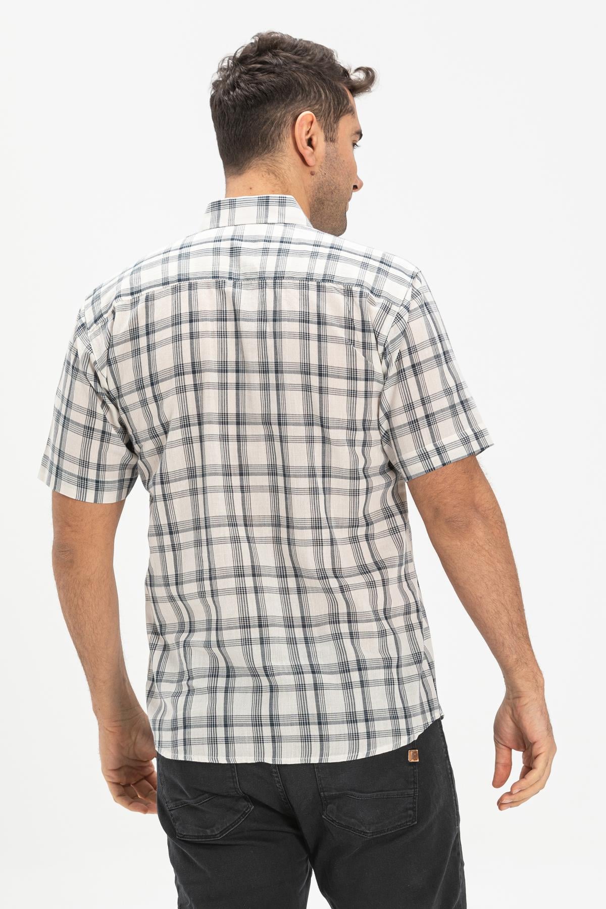 Short Sleeve Sile Fabric Men Shirt Black  Plaid