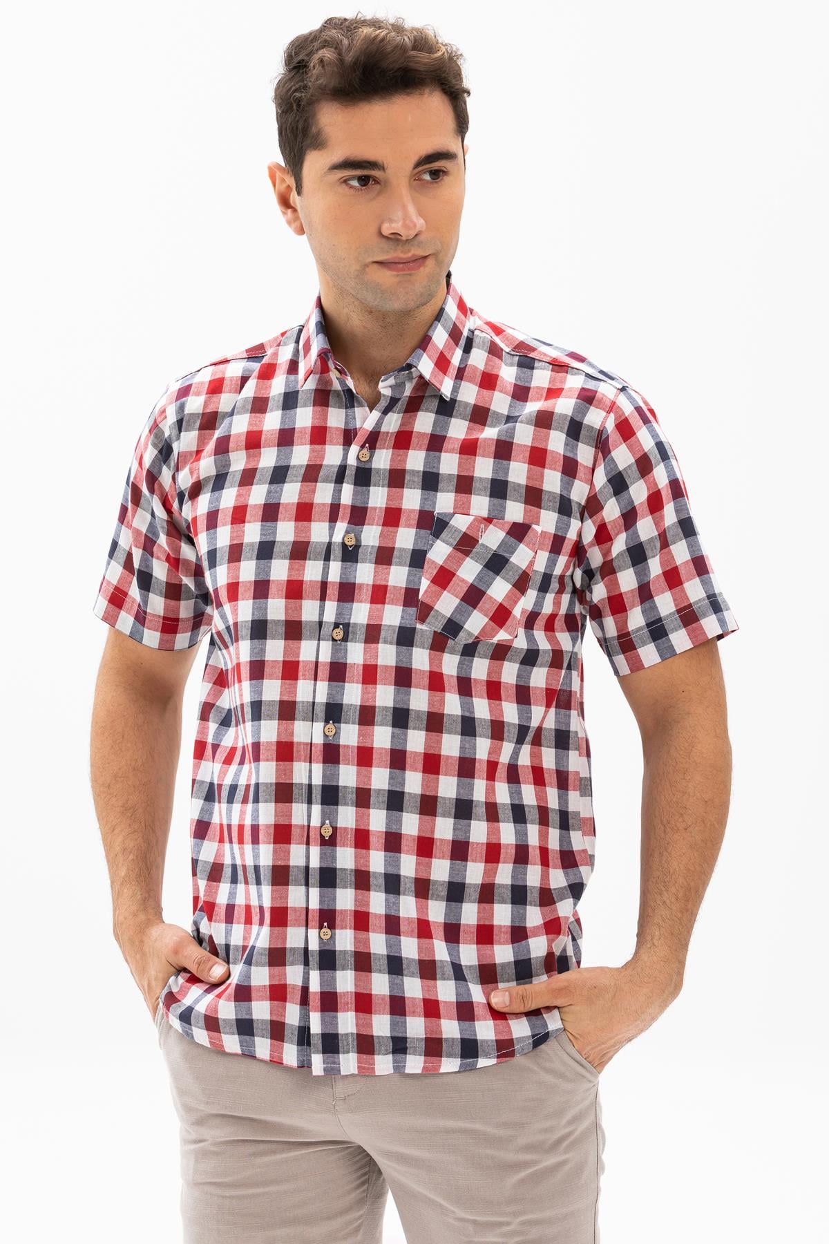 Short Sleeve  Sile Fabric Men Shirt Red Navy Blue Chequered