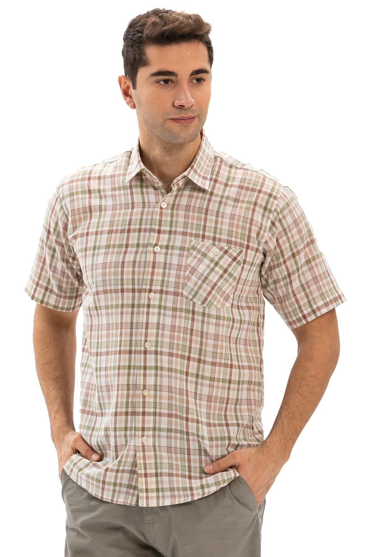 Short Arm Sile Fabric Men Shirt Cream Plaid