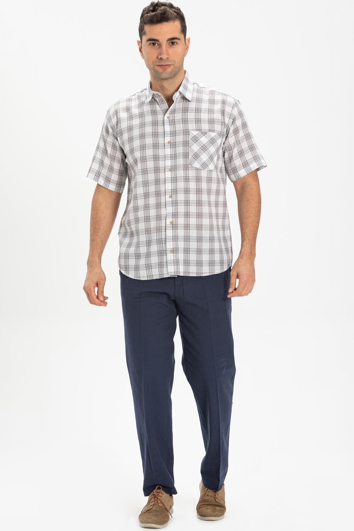 Short Sleeve Sile Fabric Men Shirt Gray  Plaid