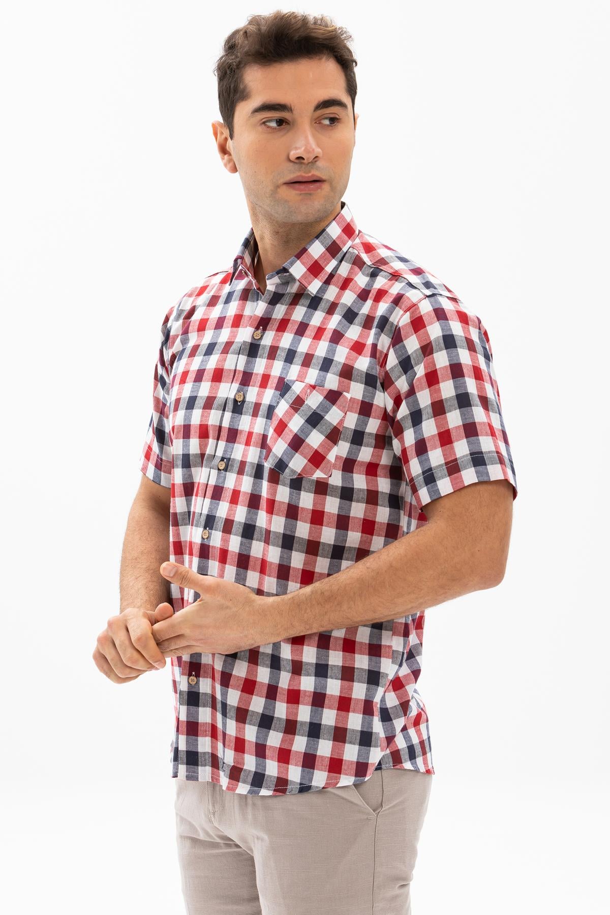 Short Sleeve  Sile Fabric Men Shirt Red Navy Blue Chequered