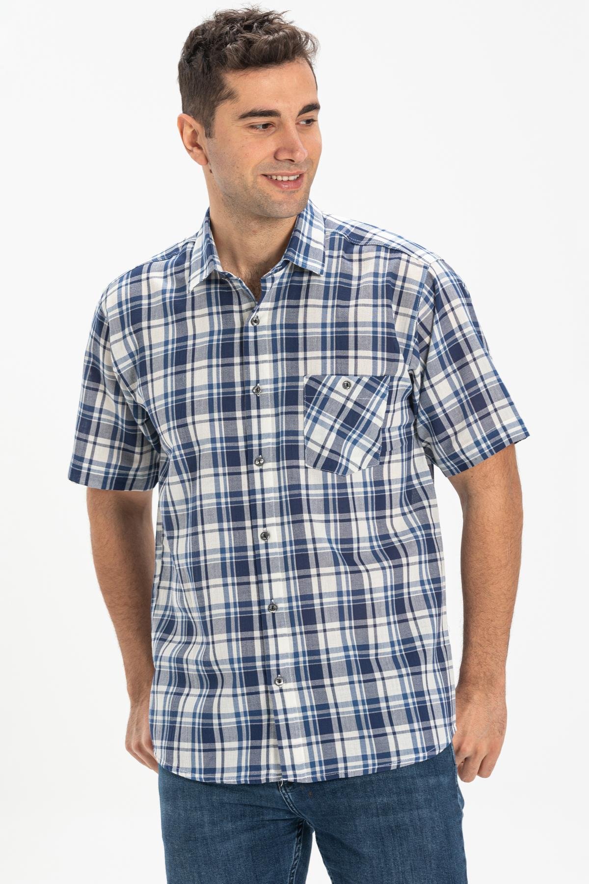Kısa Kol Şile Bezi Tek Cepli Erkek Gömlek Lacivert Ekose 3058