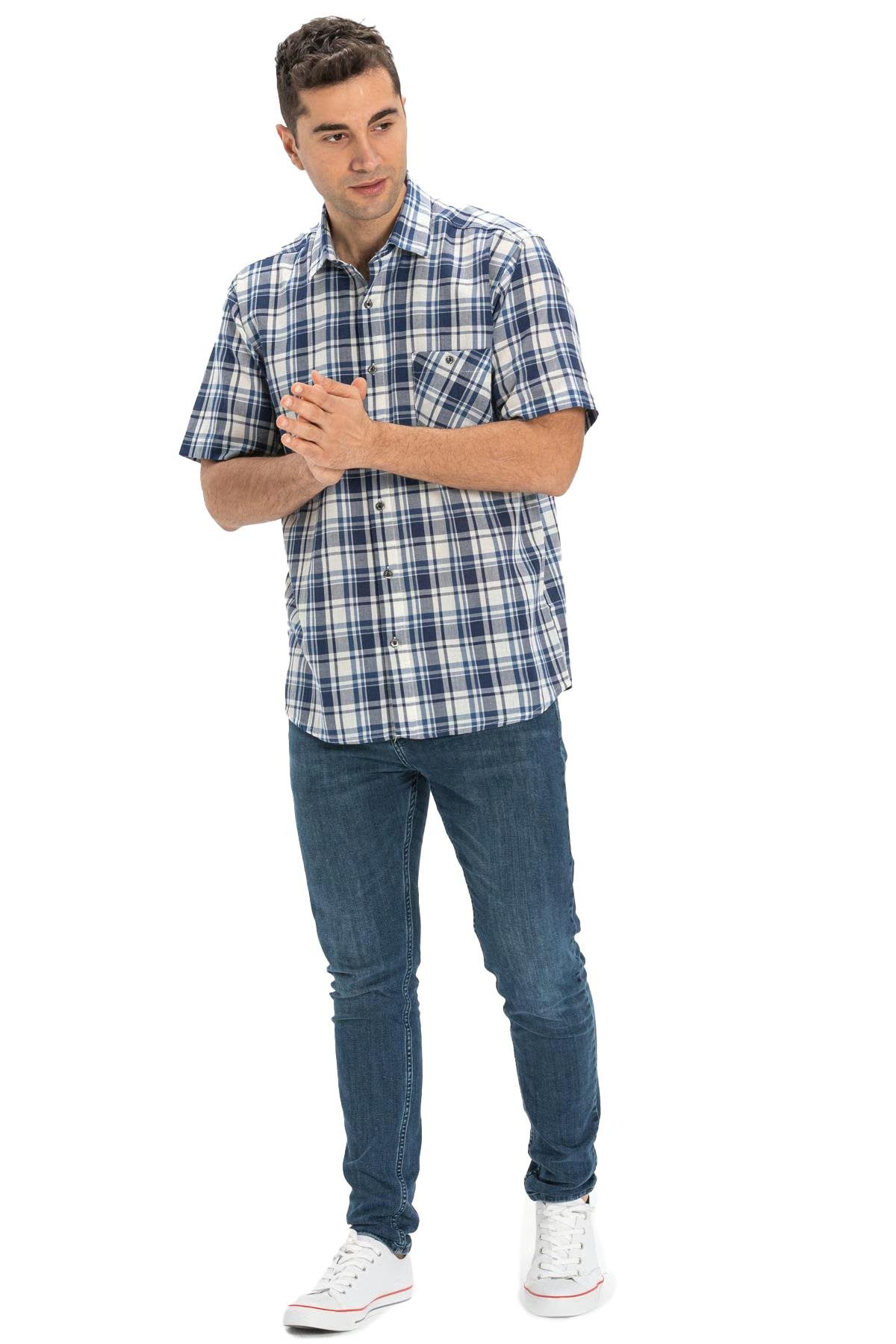 Kısa Kol Şile Bezi Tek Cepli Erkek Gömlek Lacivert Ekose 3058