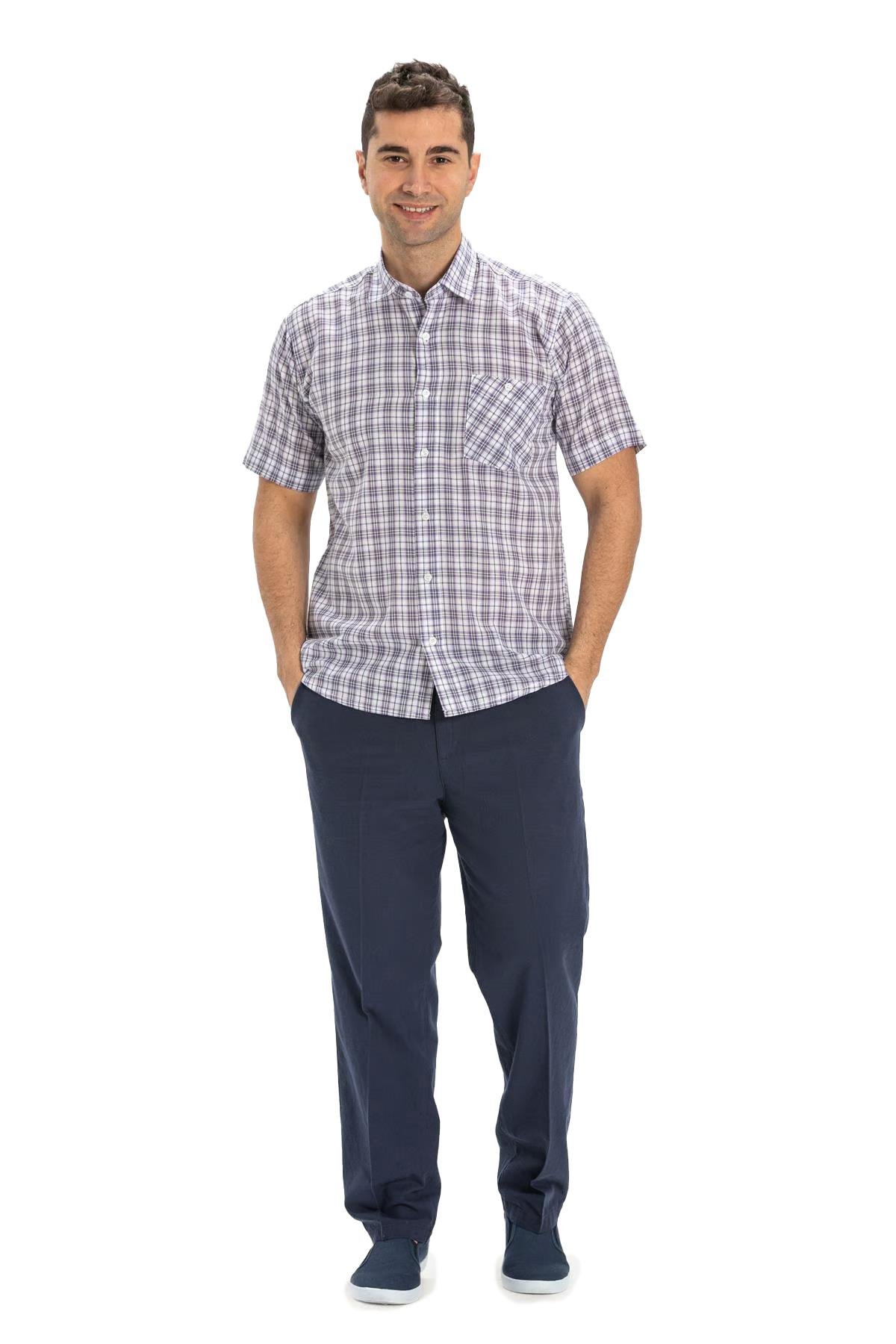 Short Sleeve Sile Fabric Men Shirt Purple Plaid