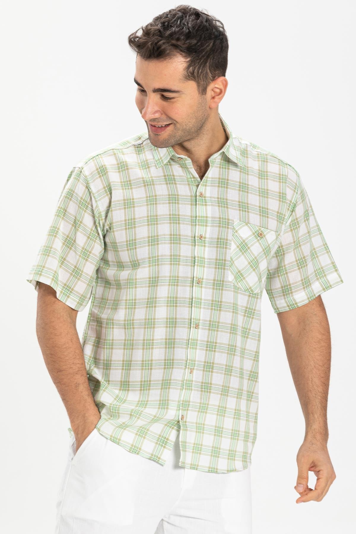 Short Sleeve Sile Fabric Men Shirt Green Scotch Plaid