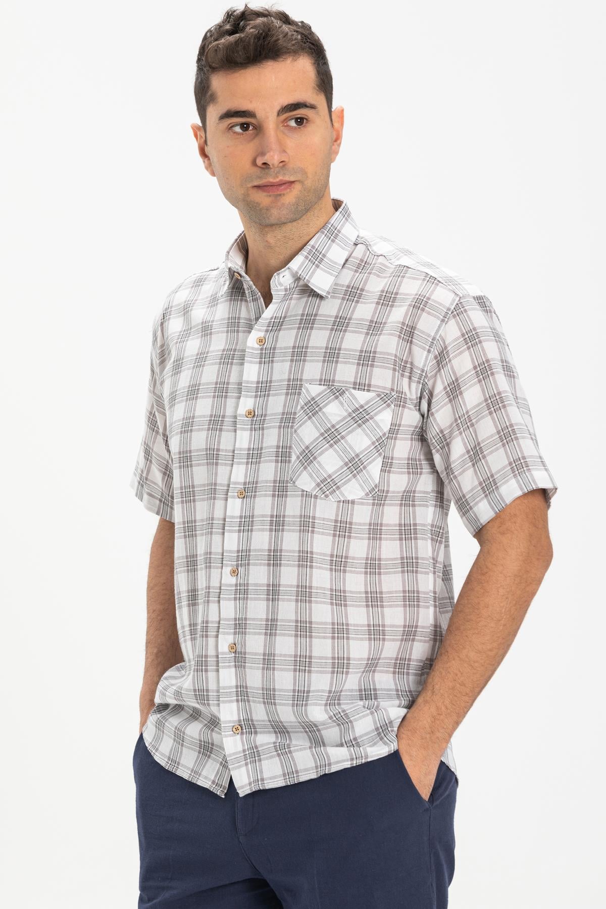 Short Sleeve Sile Fabric Men Shirt Gray  Plaid