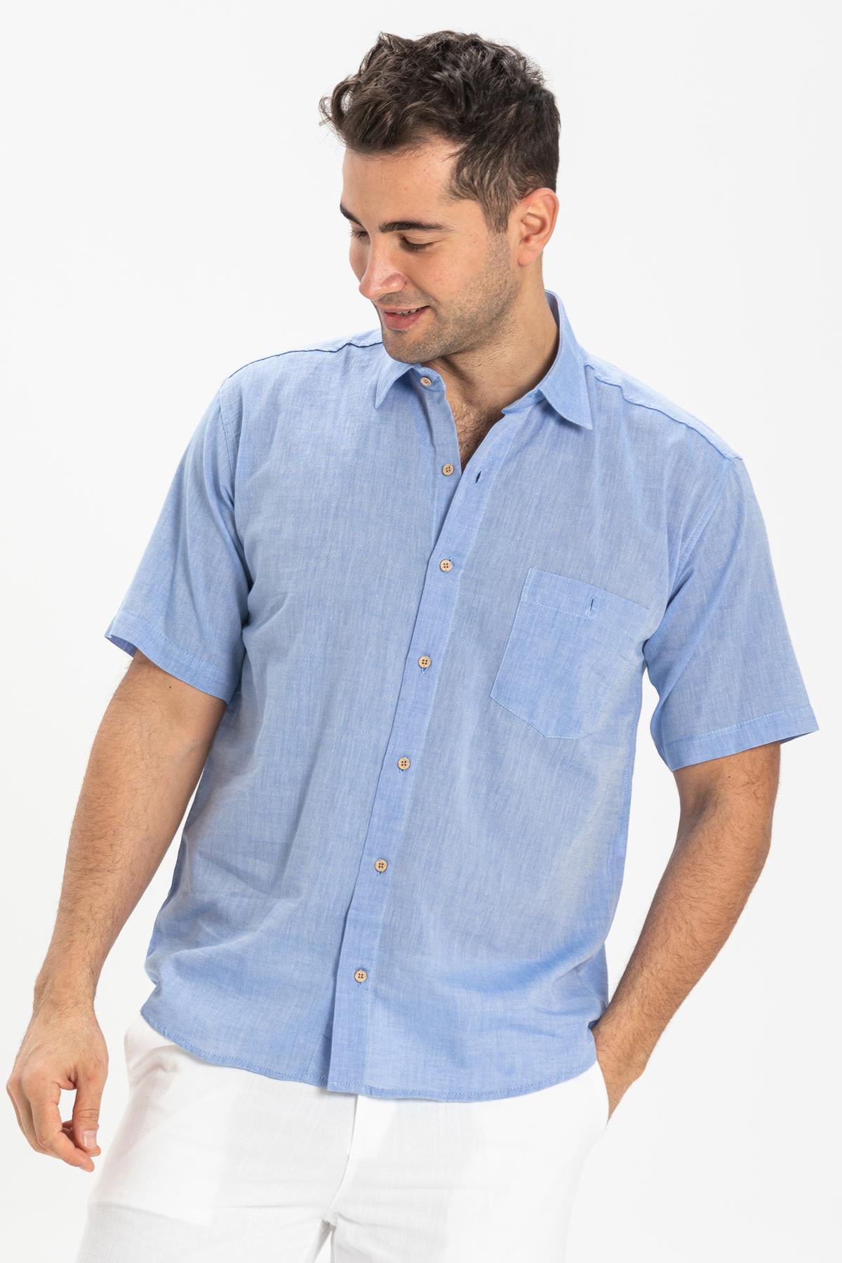 Short Sleeve Sile Fabric Men Shirt Blue