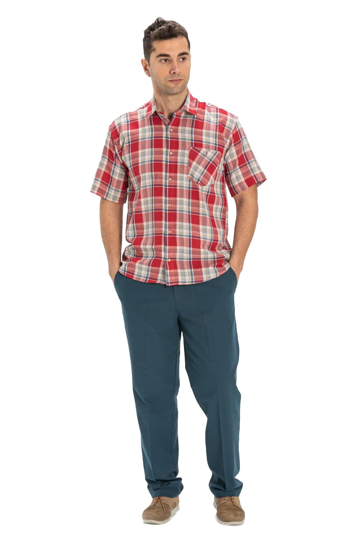 Short Sleeve Sile Fabric Men Shirt Red Navy Blue Scotch Plaid